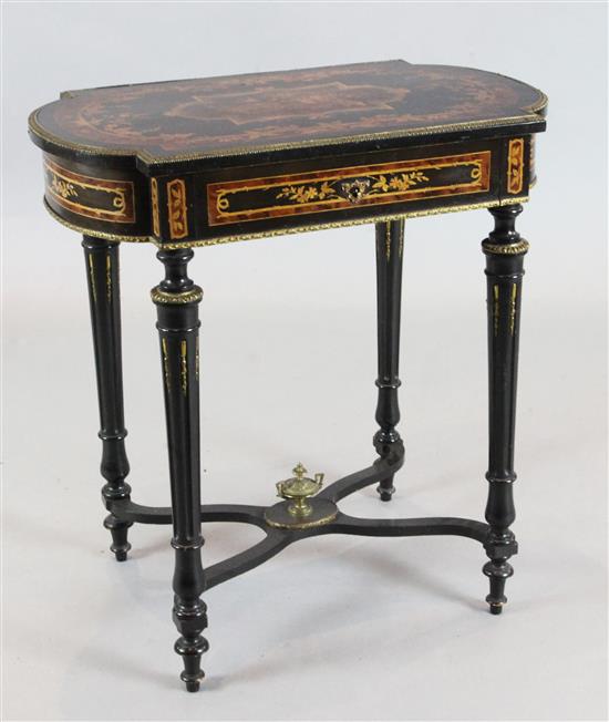 A 19th century French ebonised and marquetry poudreuse, W.2ft 3in. D.1ft 4in. H.2ft 4in.